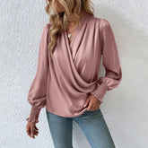 Color Top Silky Texture Lantern Sleeve Elegant V-neck Blouse